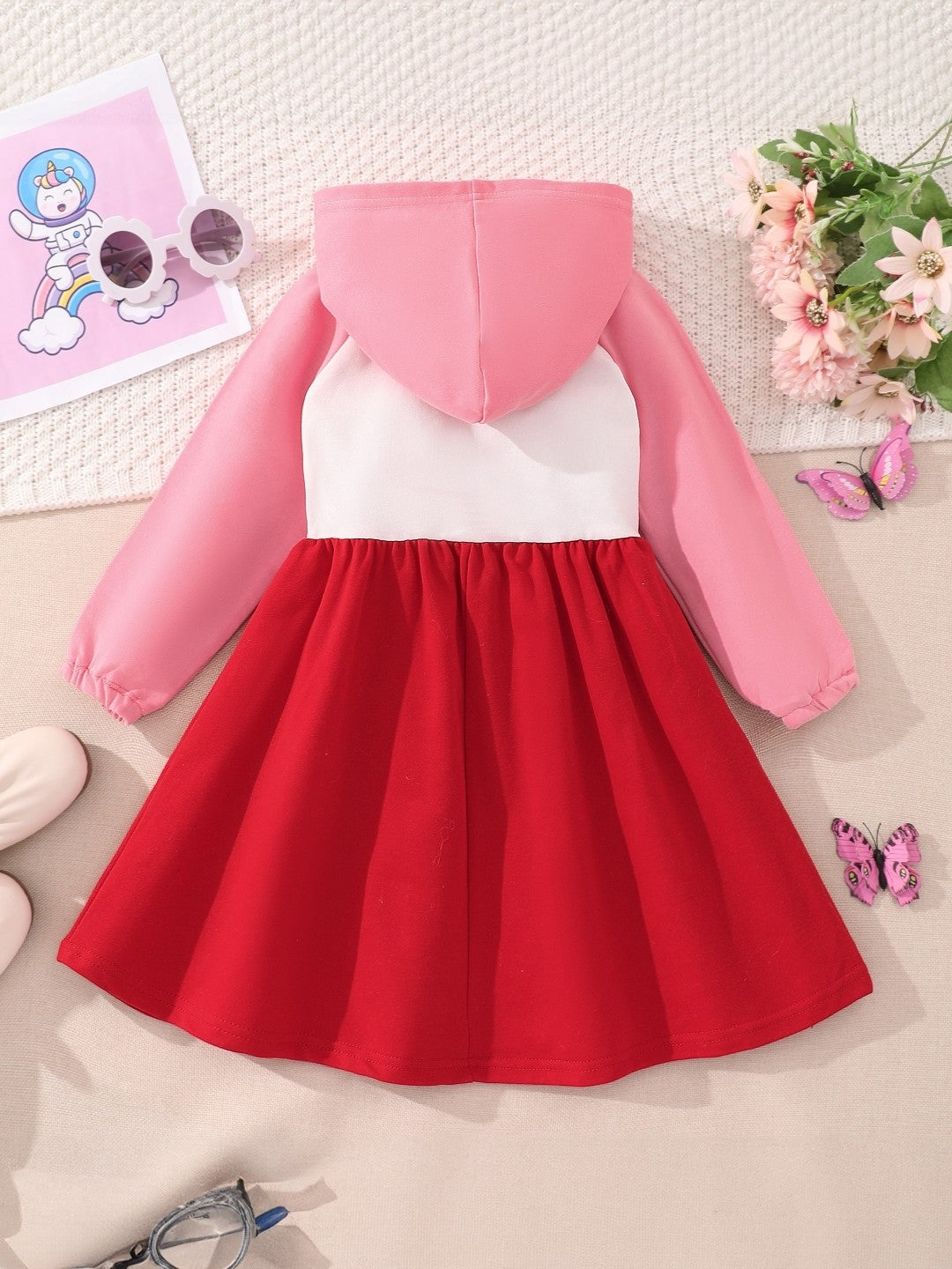 Pink Hood Neck Solid Long Sleeves Knee Length Cotton Dress