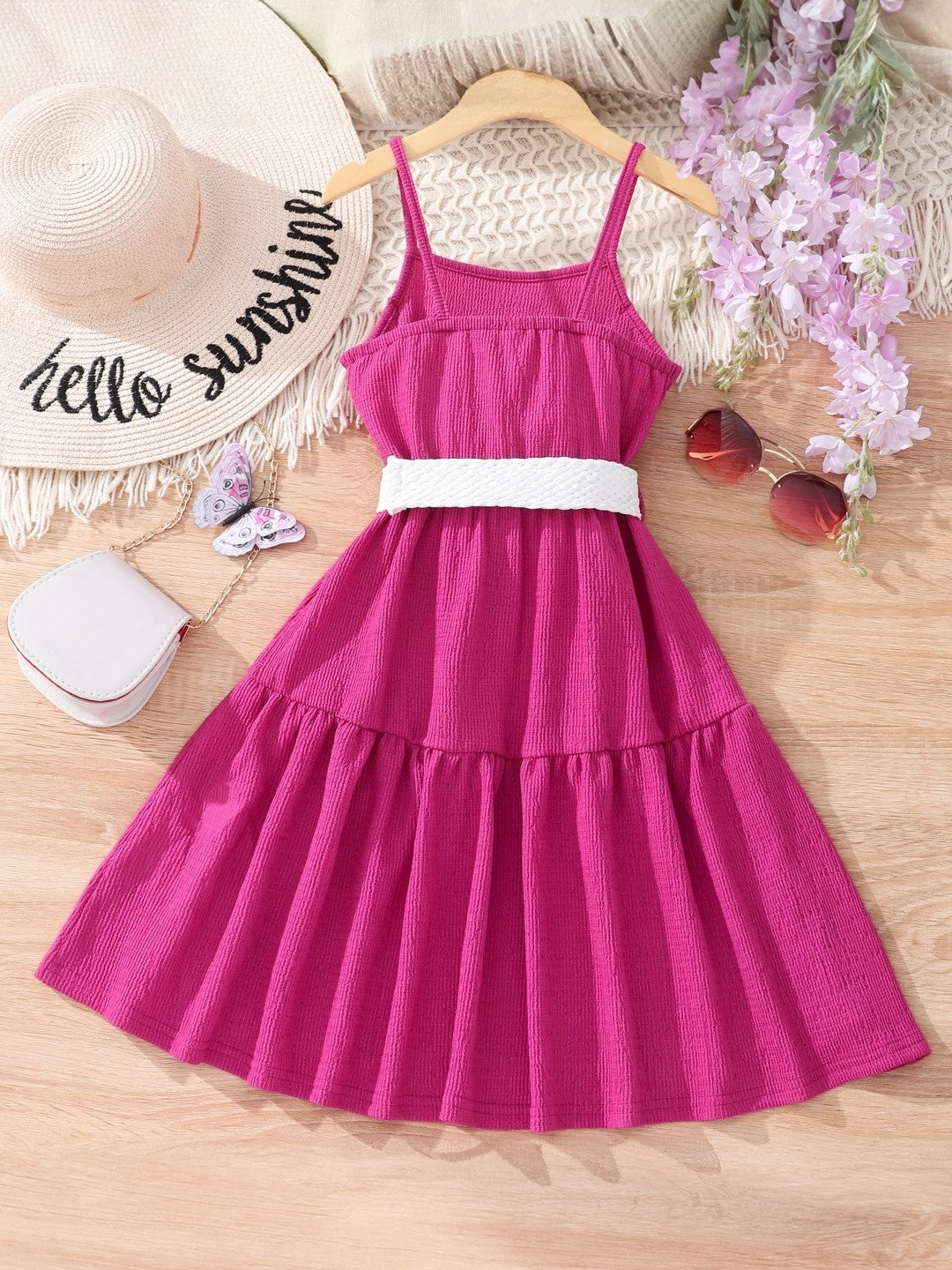 Pink Shoulder Straps Solid Sleeveless Maxi Polyester Dress