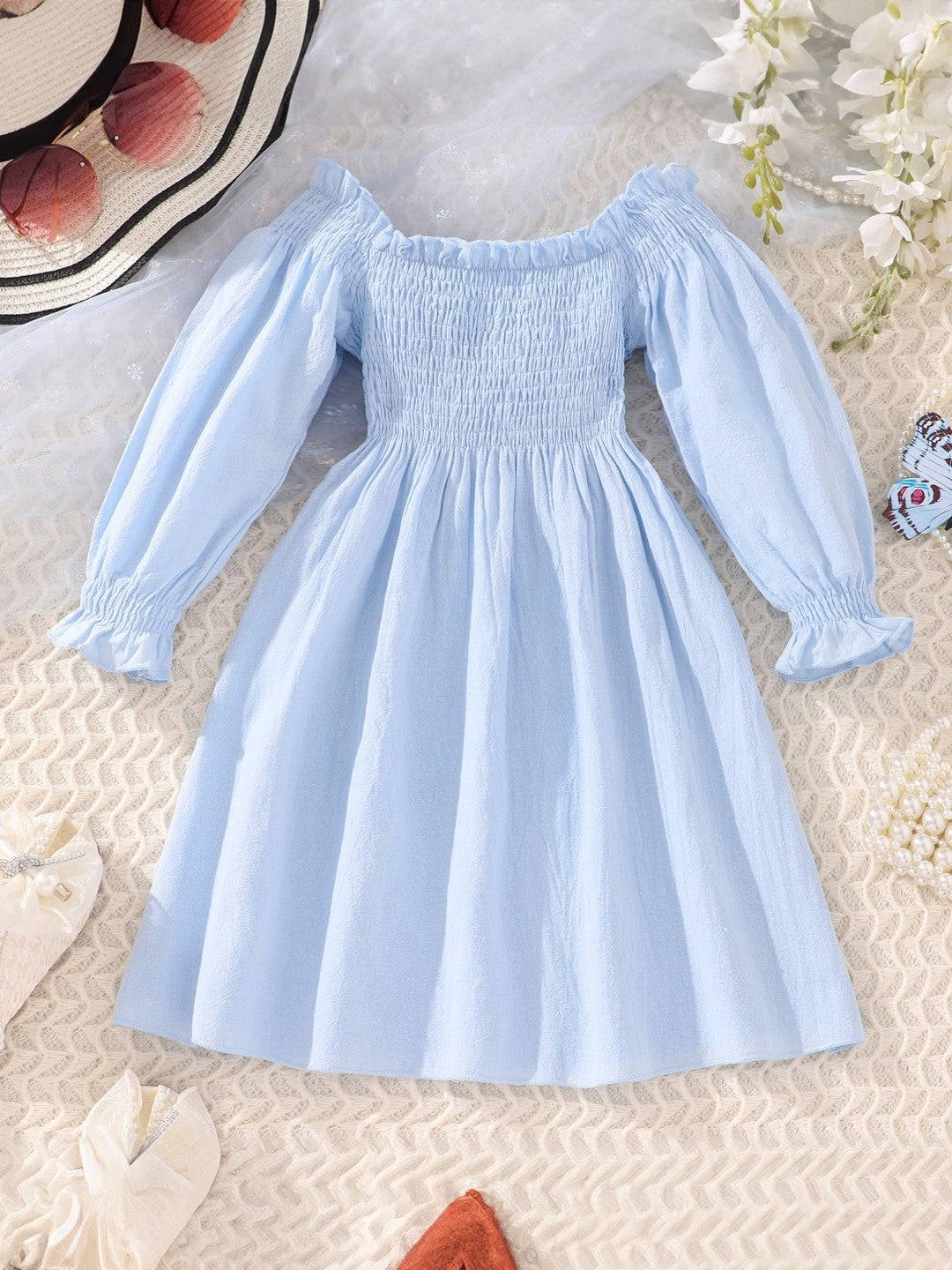 Blue Off-Shoulder Solid Long Sleeves Maxi Cotton Dress