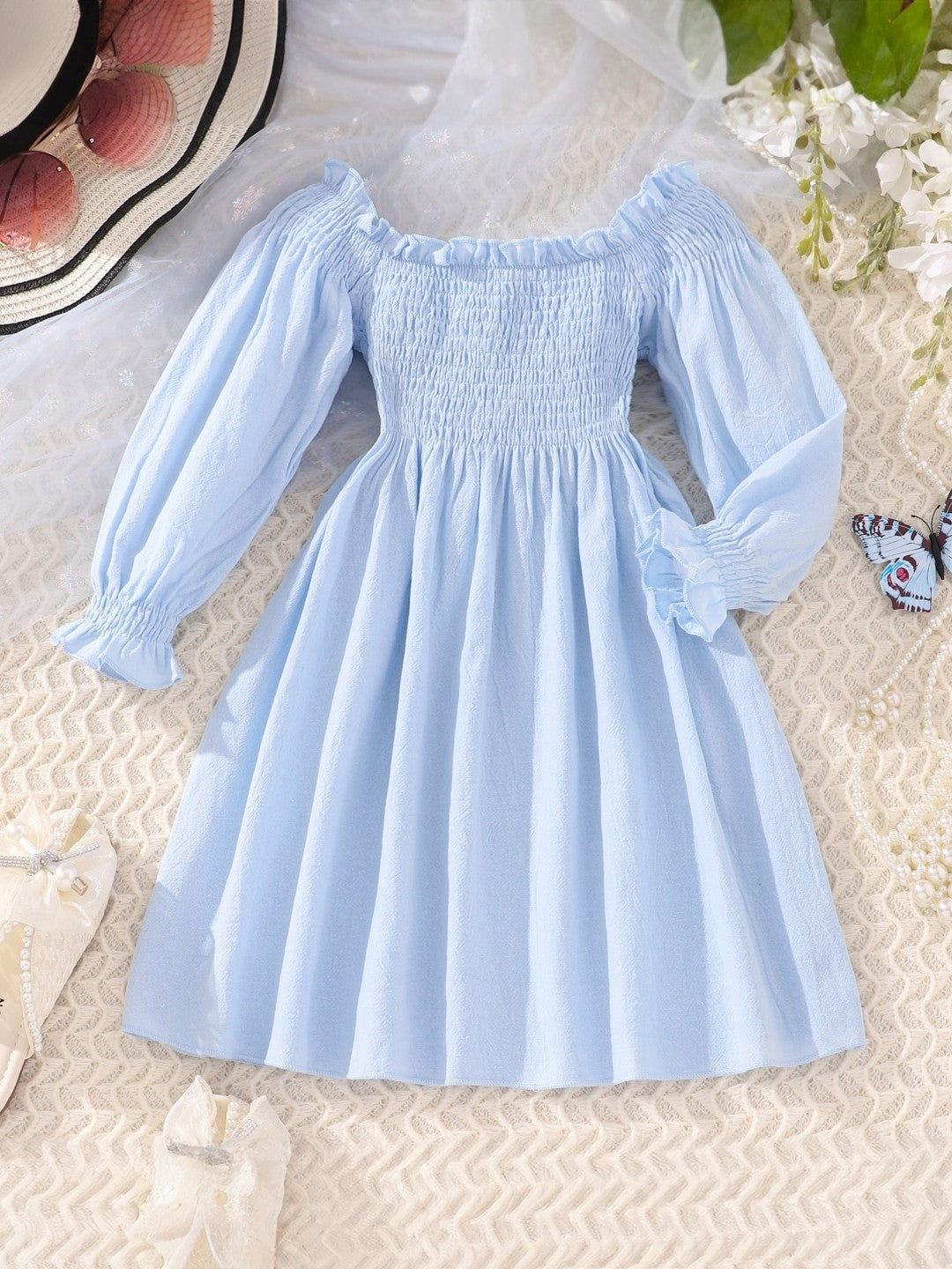 Blue Off-Shoulder Solid Long Sleeves Maxi Cotton Dress