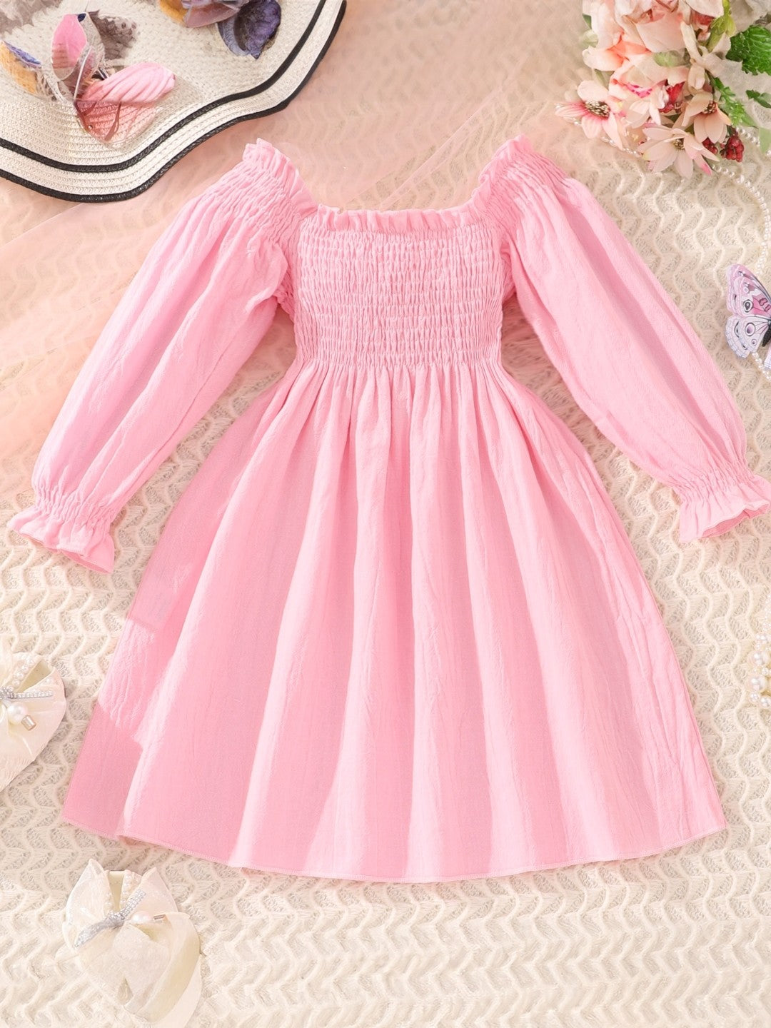 Pink Off-Shoulder Solid Long Sleeves Maxi Cotton Dress