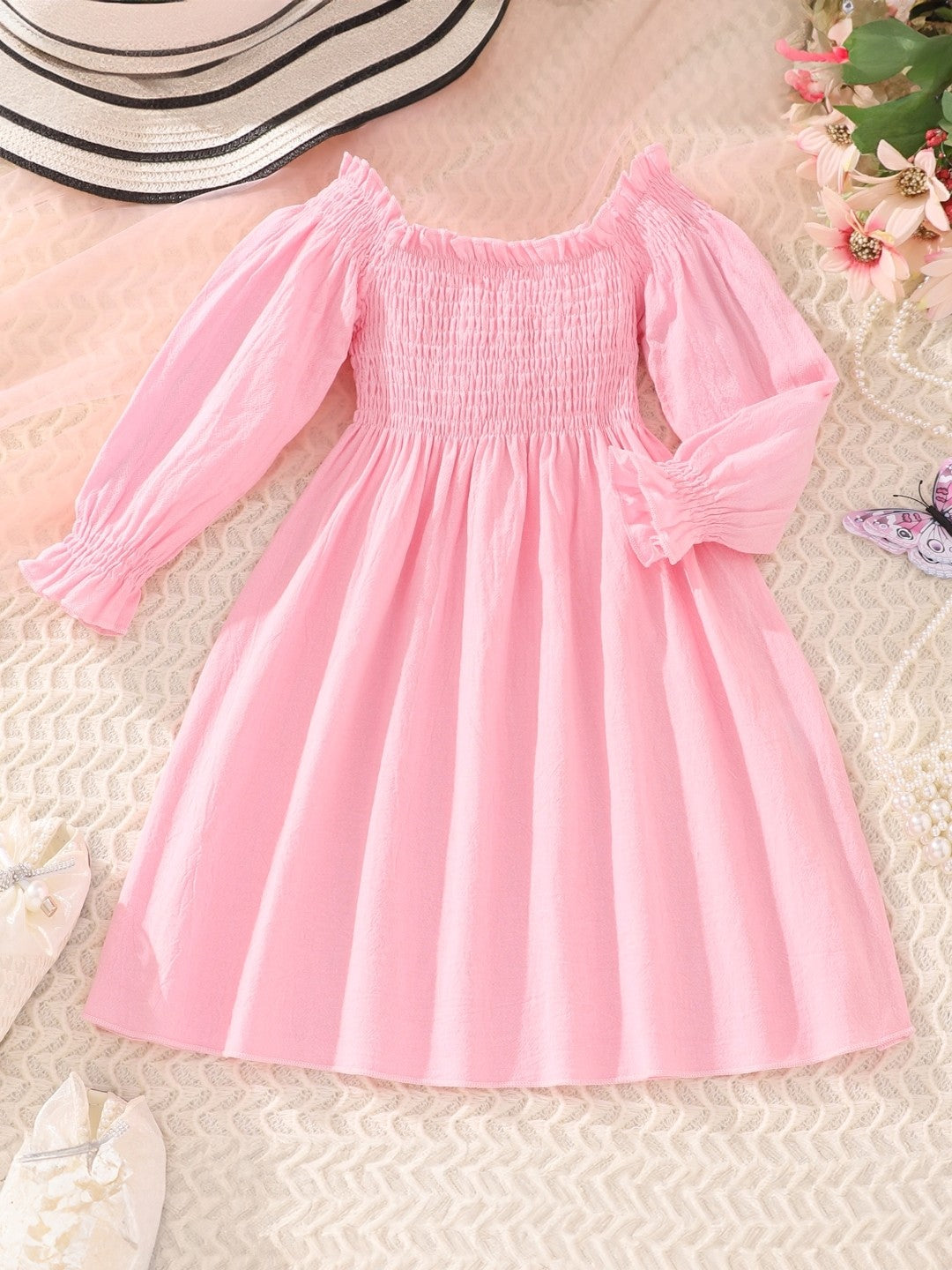 Pink Off-Shoulder Solid Long Sleeves Maxi Cotton Dress