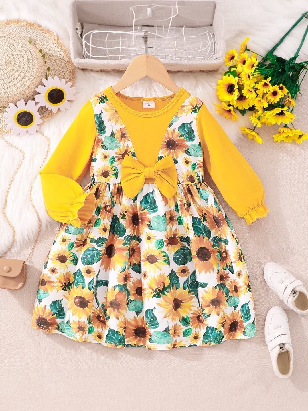 Yellow Round Neck Print Long Sleeves Knee Length Polyester Dress