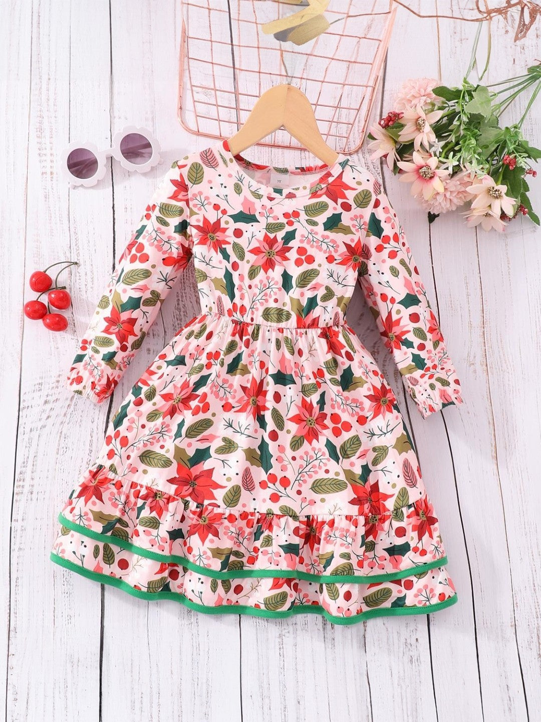 Red Round Neck Print Long Sleeves Knee Length Polyester Dress