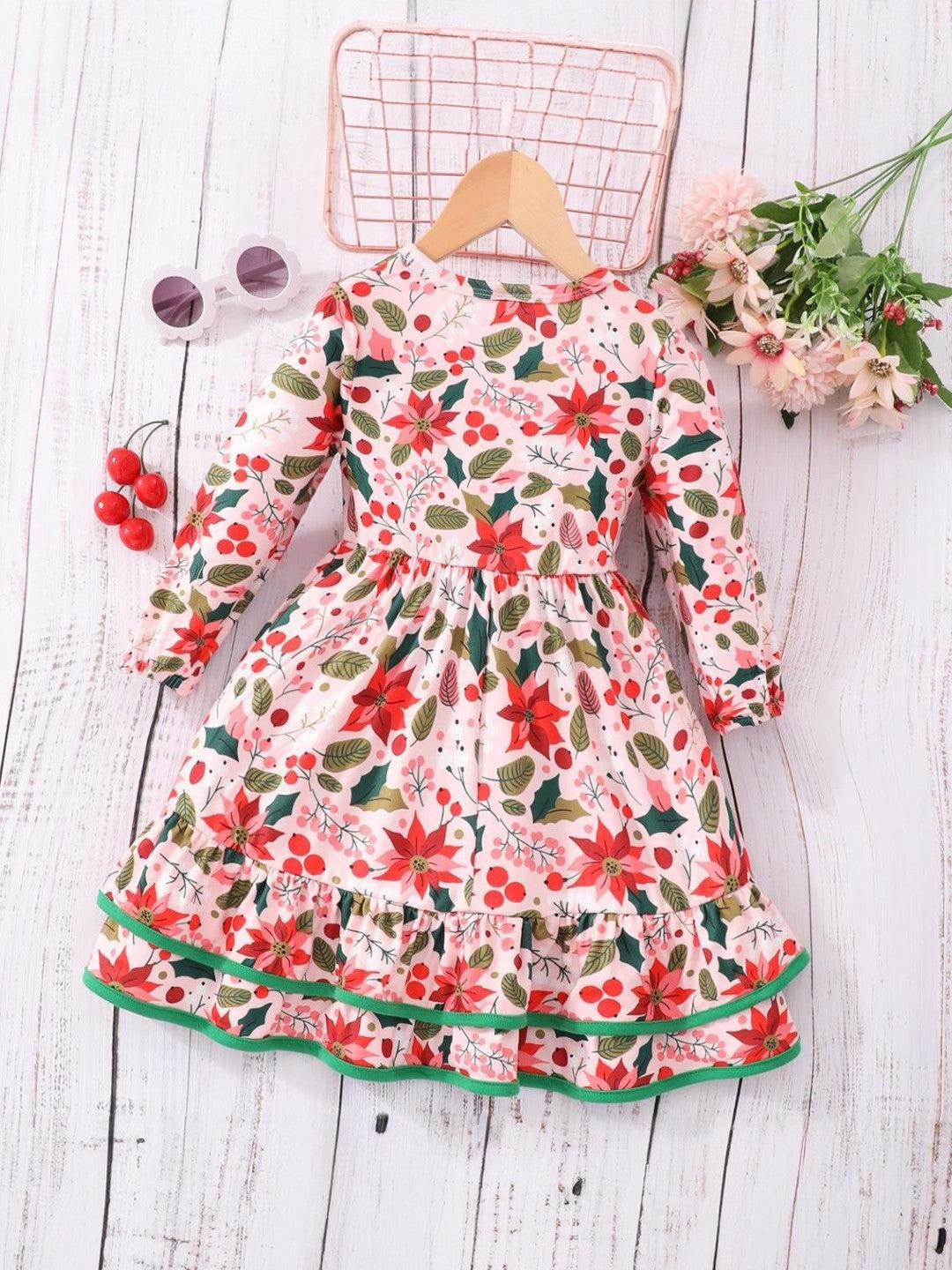 Red Round Neck Print Long Sleeves Knee Length Polyester Dress