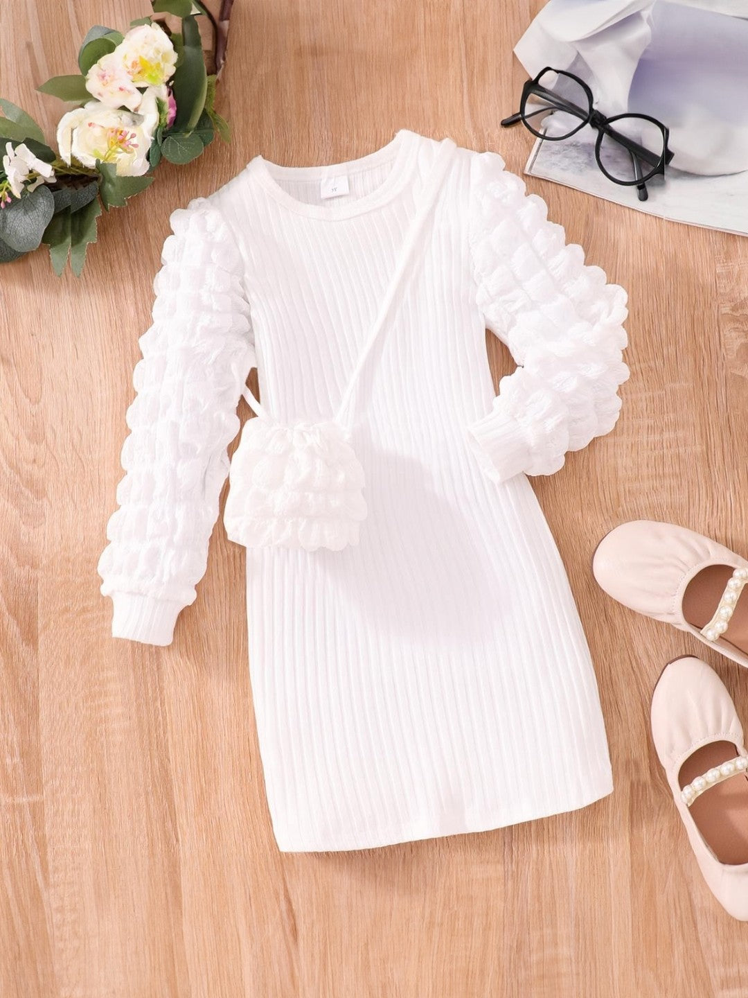 White Round Neck Solid Long Sleeves Maxi Polyester Dress