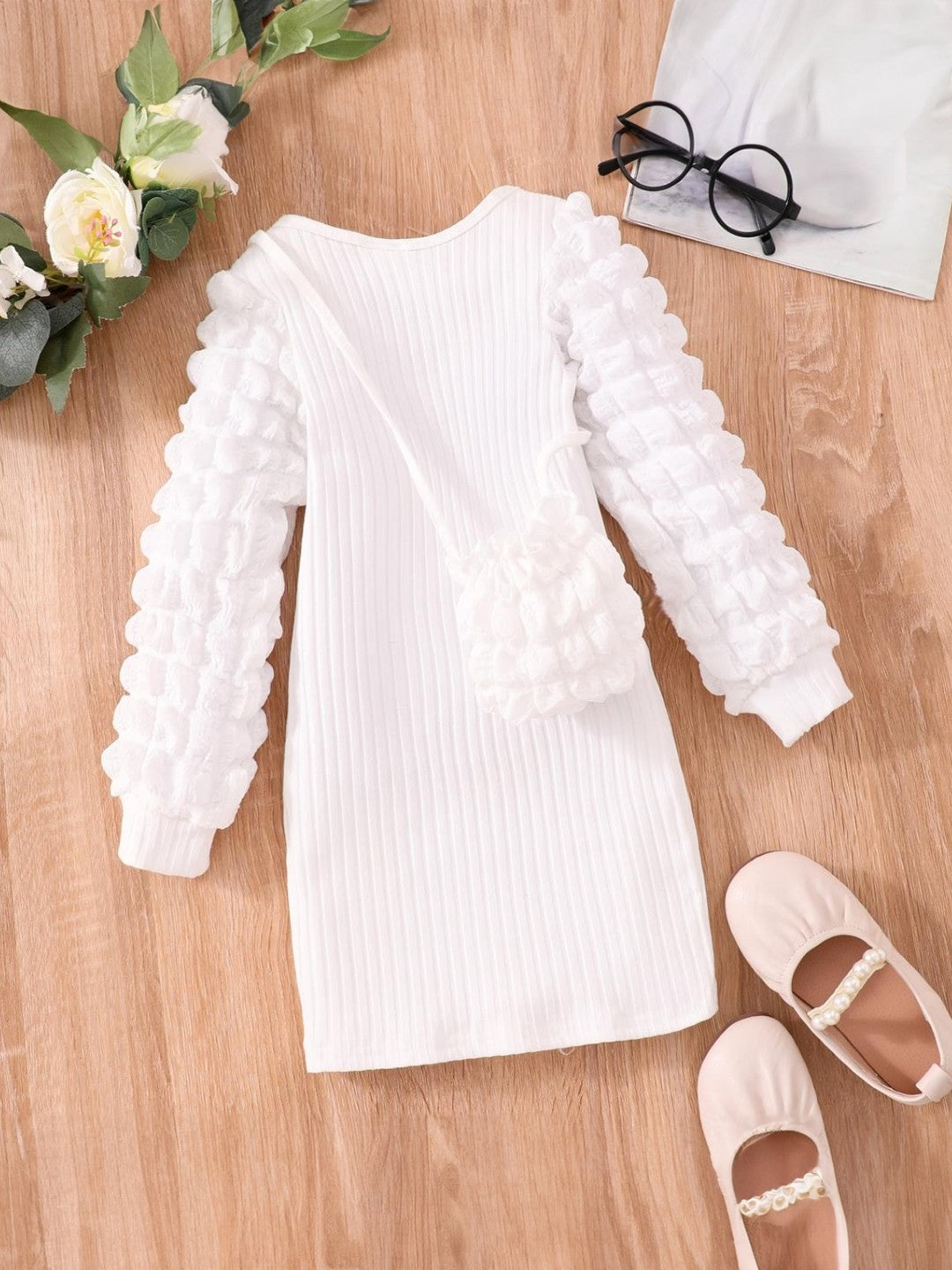 White Round Neck Solid Long Sleeves Maxi Polyester Dress