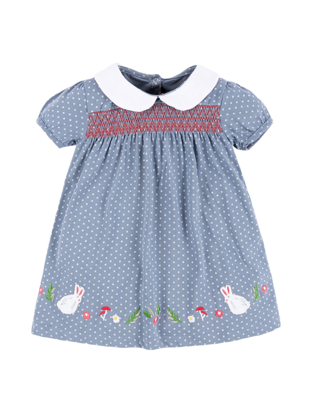 Blue Round Neck A-Line Casual Polka Dots Short Sleeves Knee Length Cotton Dress