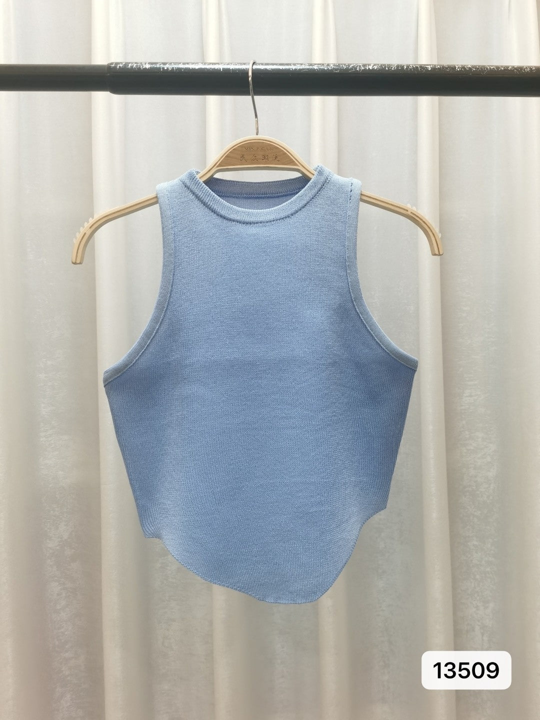 Blue Round Neck Sleeveless Solid Top