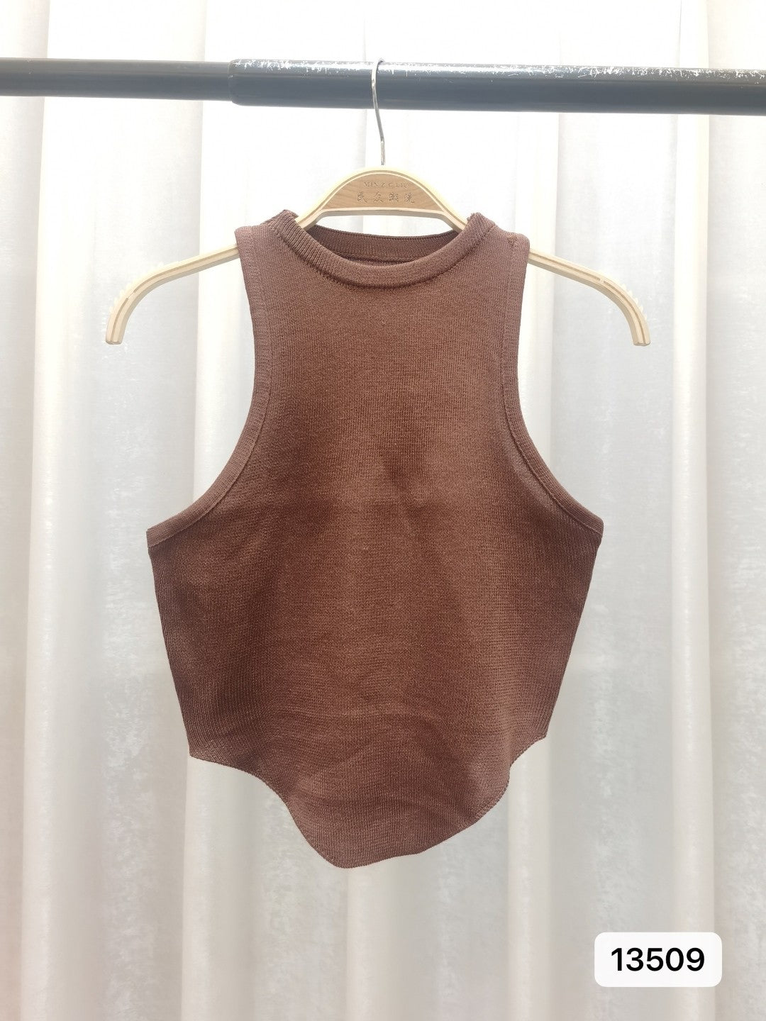 Brown Round Neck Sleeveless Solid Top