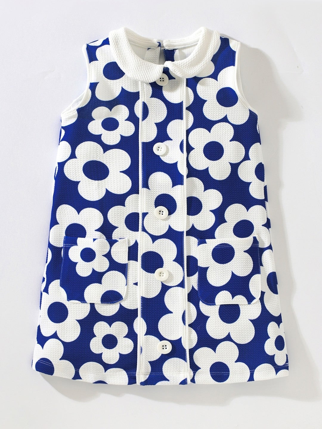 Blue Shirt Collar Fit and Flare Casual Floral Sleeveless Knee Length Cotton Dress