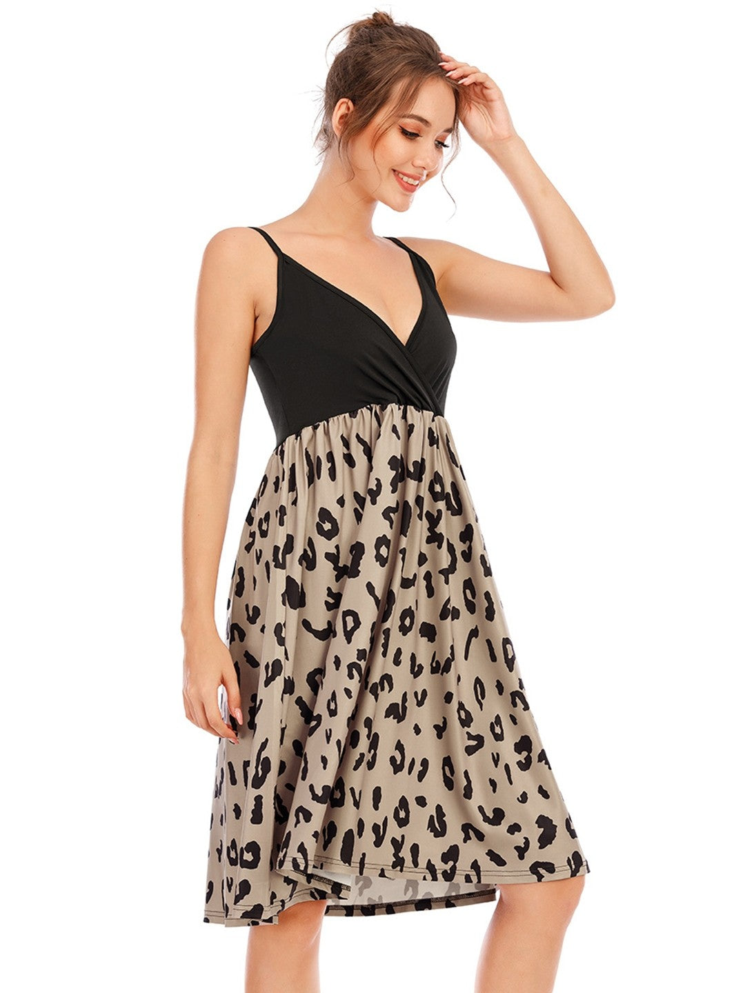 Brown V-Neck A-Line Sleeveless Animal Knee Length Polyester Dress