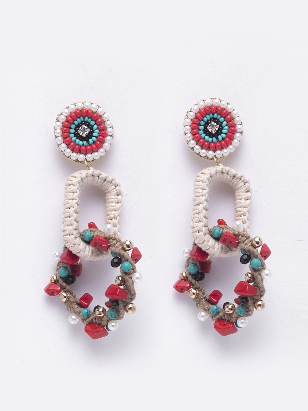 Gold-Plated Red & White Ethnic Brass Artificial Stones and Beads Contemporary Drop Earrings