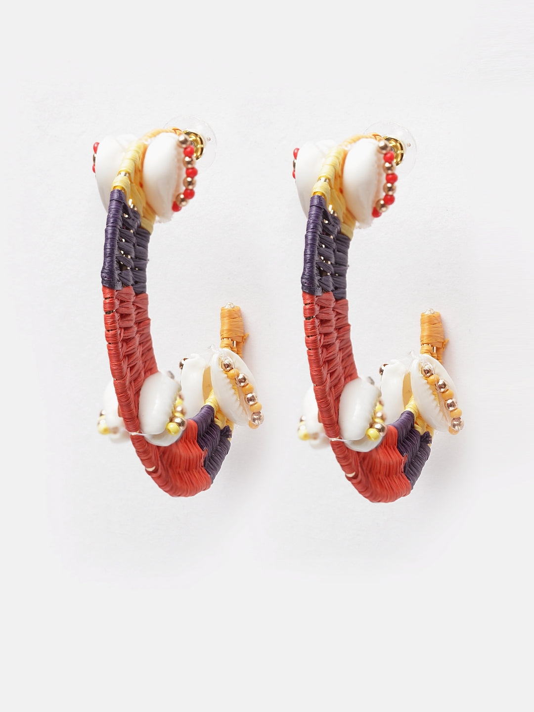 Gold-Plated Red & Navy Blue Ethnic Brass Artificial Beads Contemporary Drop Earrings