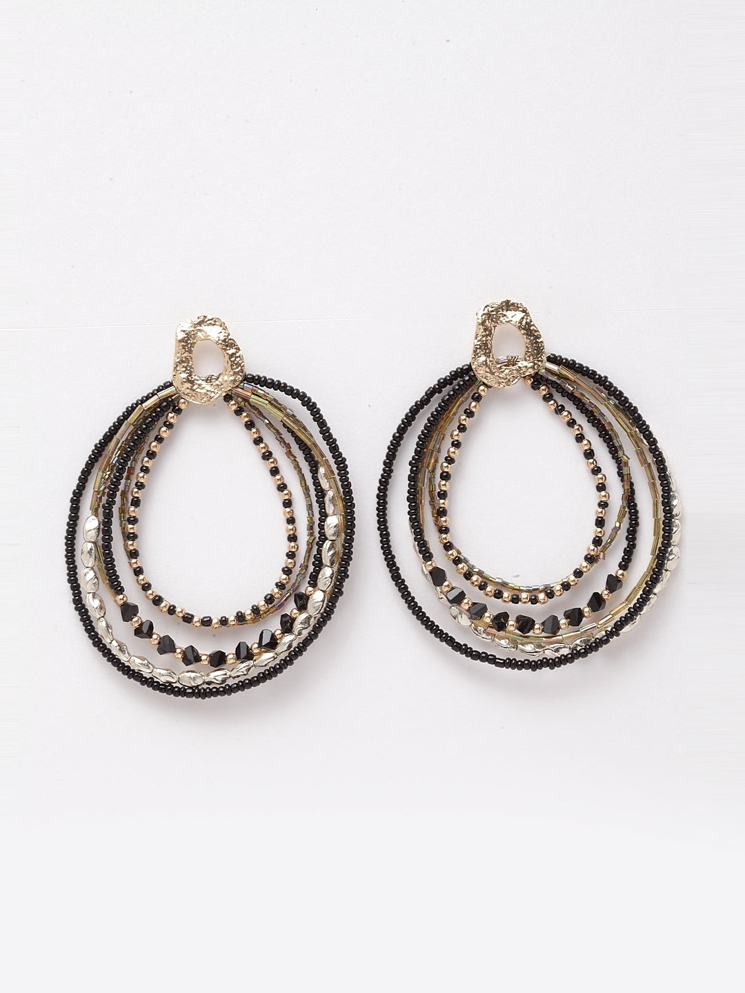 Gold-Plated Gold & Black Ethnic Synthetic Artificial Beads Contemporary Drop Earrings
