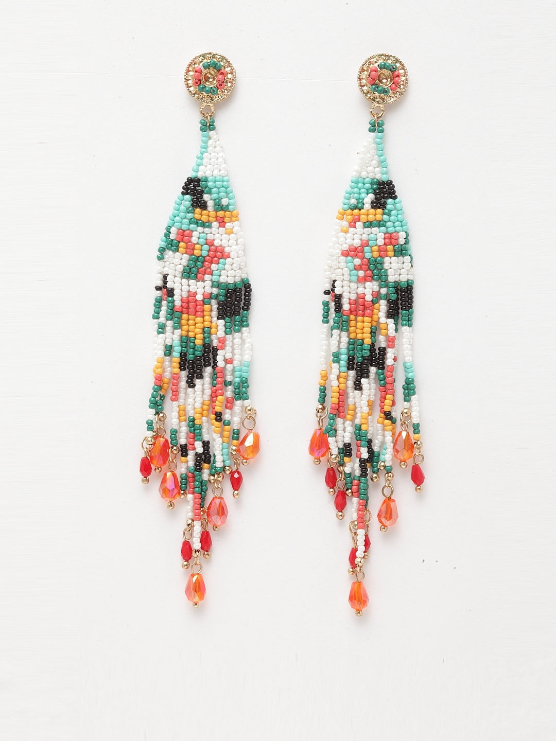 Gold-Plated Red & Blue Ethnic Brass Artificial Beads Contemporary Drop Earrings