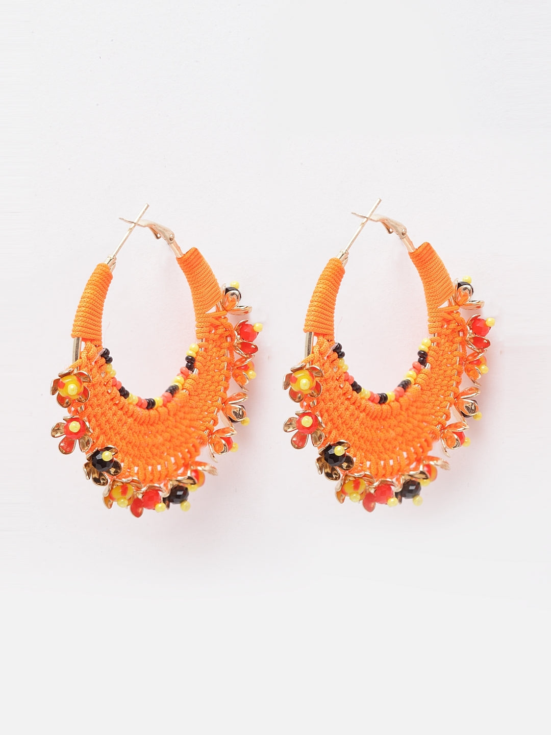 Gold-Plated Orange & Black Ethnic Brass Artificial Beads Contemporary Drop Earrings