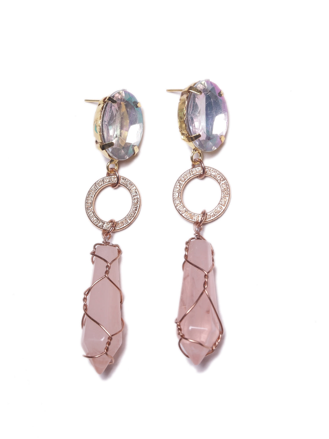 Gold-Plated Gold & Pink Stone Studded Drop Earrings