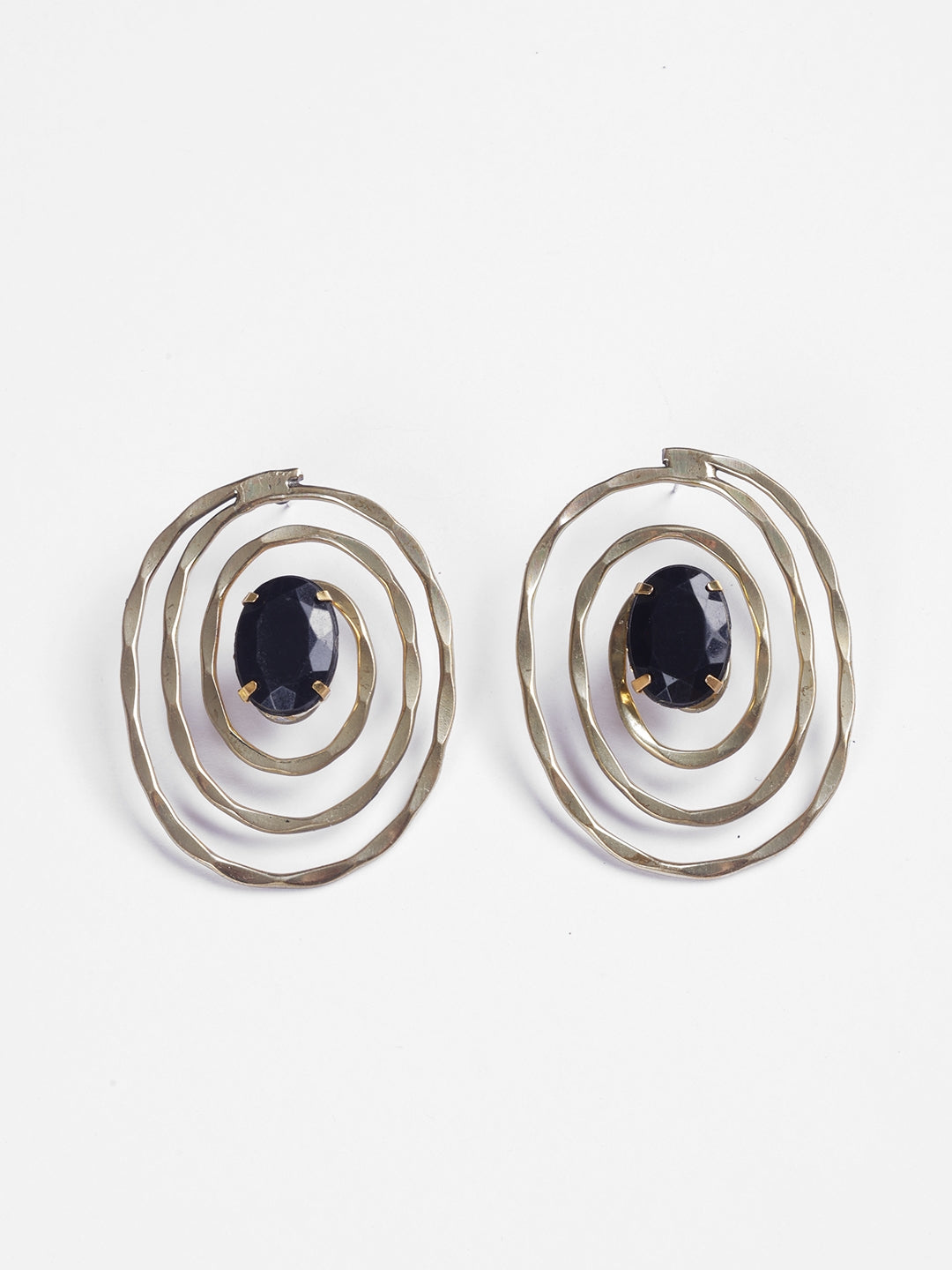 Women Gold-Plated Black Contemporary Oval Drop Earrings