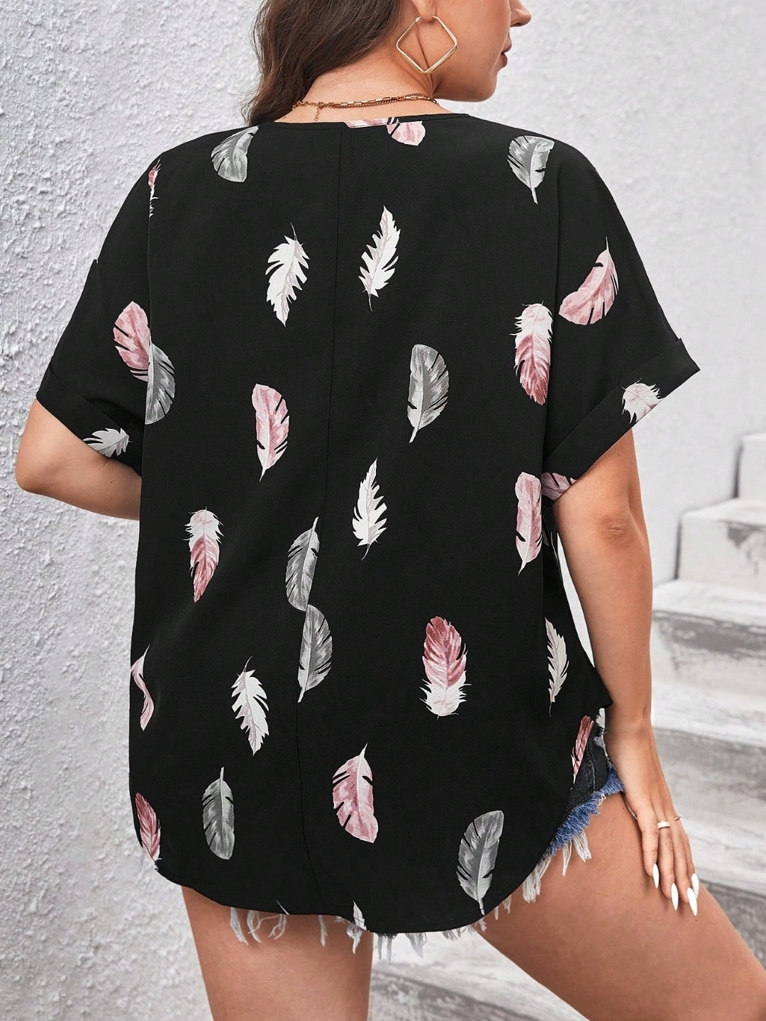 Black V-Neck Short Sleeves Tropical Polyester Top