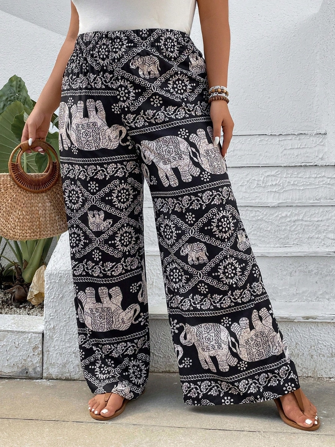 Black Printed Loose Fit Casual Polyester Regular Trousers