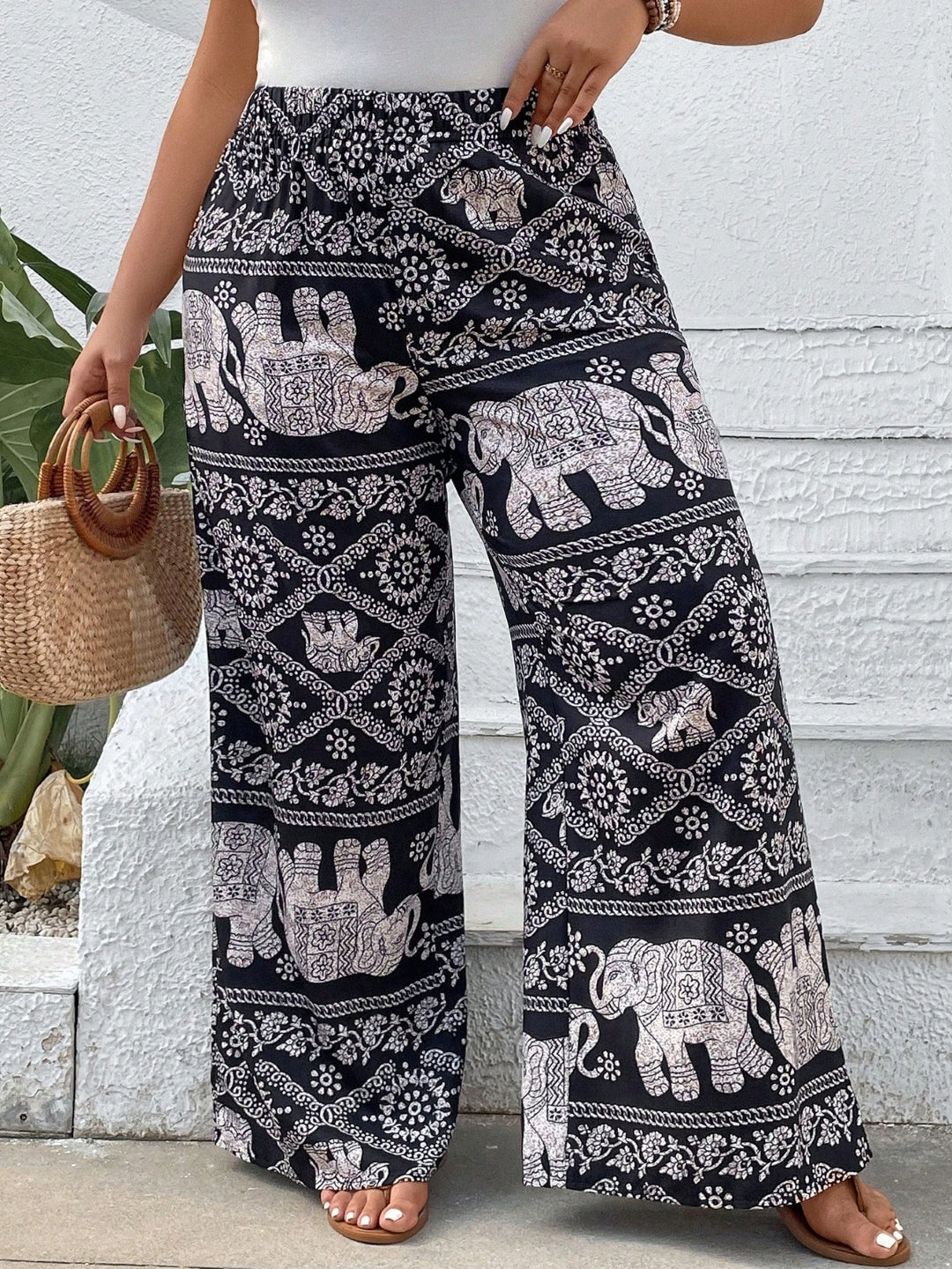 Black Printed Loose Fit Casual Polyester Regular Trousers