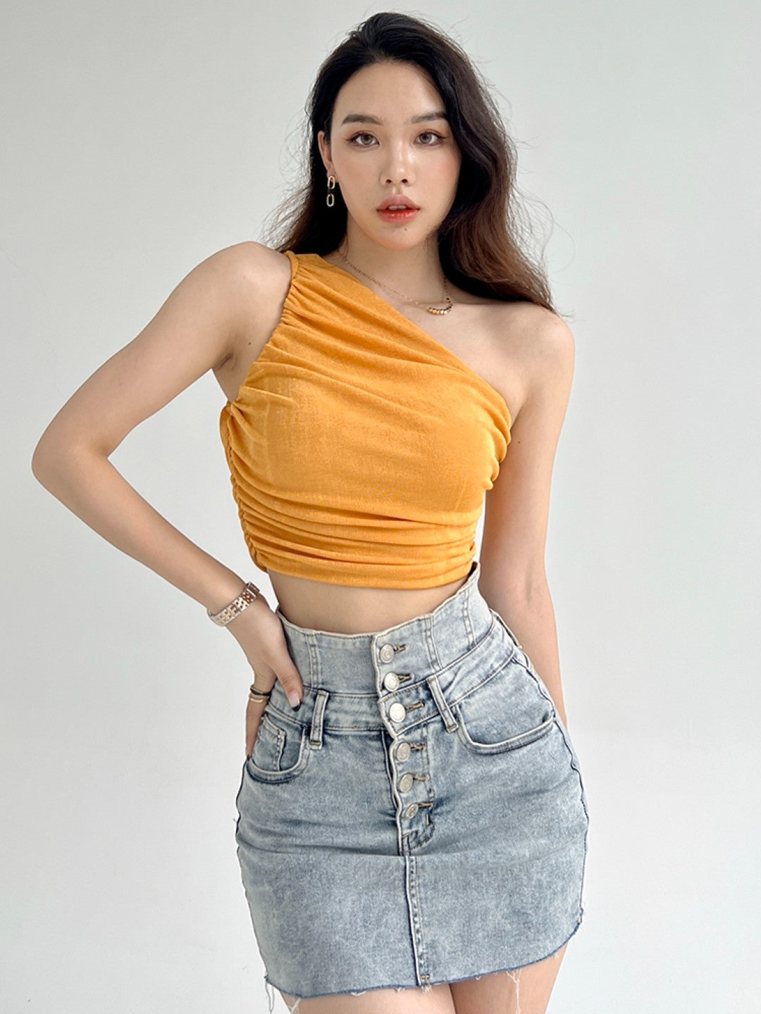 Yellow One Shoulder Solid Sleeveless Polyester Casual Top