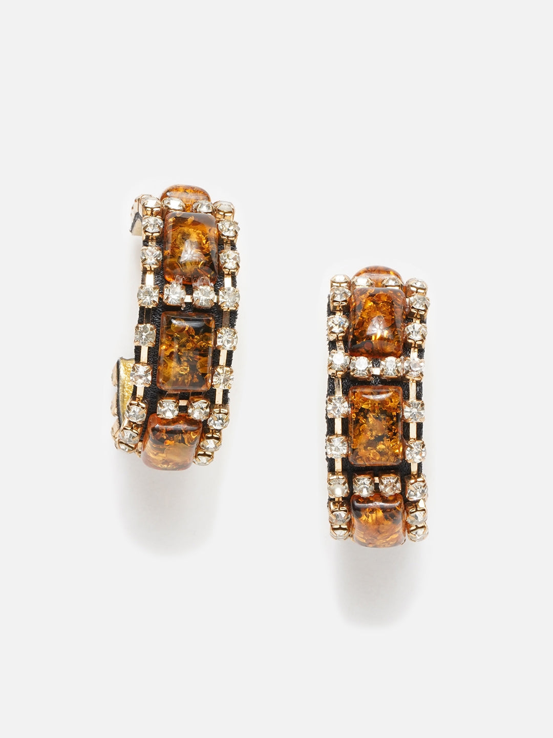 Gold-Plated Brown & Transparent Fabric Handcrafted Circular Half Hoop Earrings