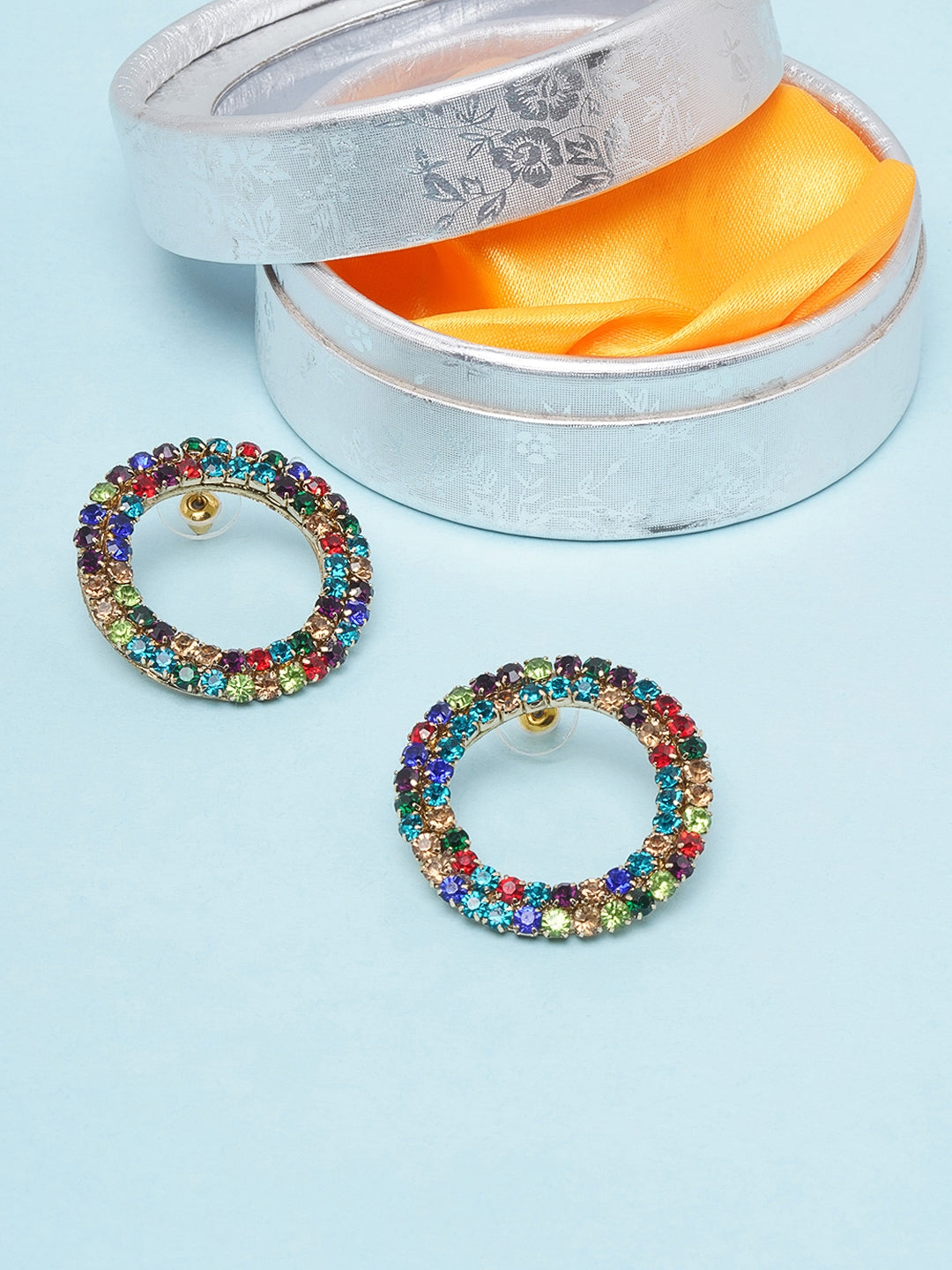 Gold-Plated Multi-Colored Stone Studded Drop Earrings