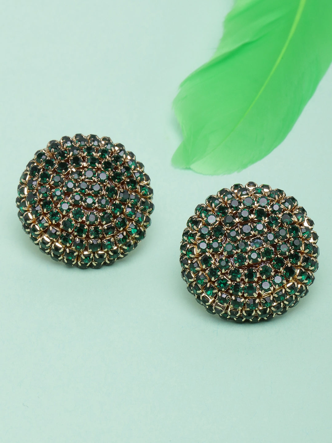Gold-Plated Black & Green Stone Studded Circular Drop Earrings