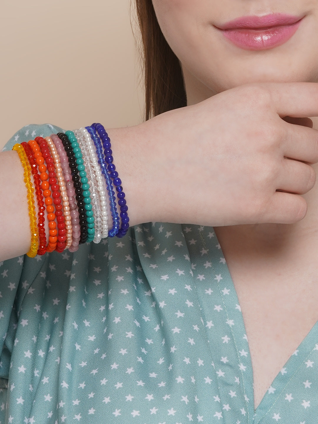 Set Of 12 Multi-Colored Beaded Bracelets