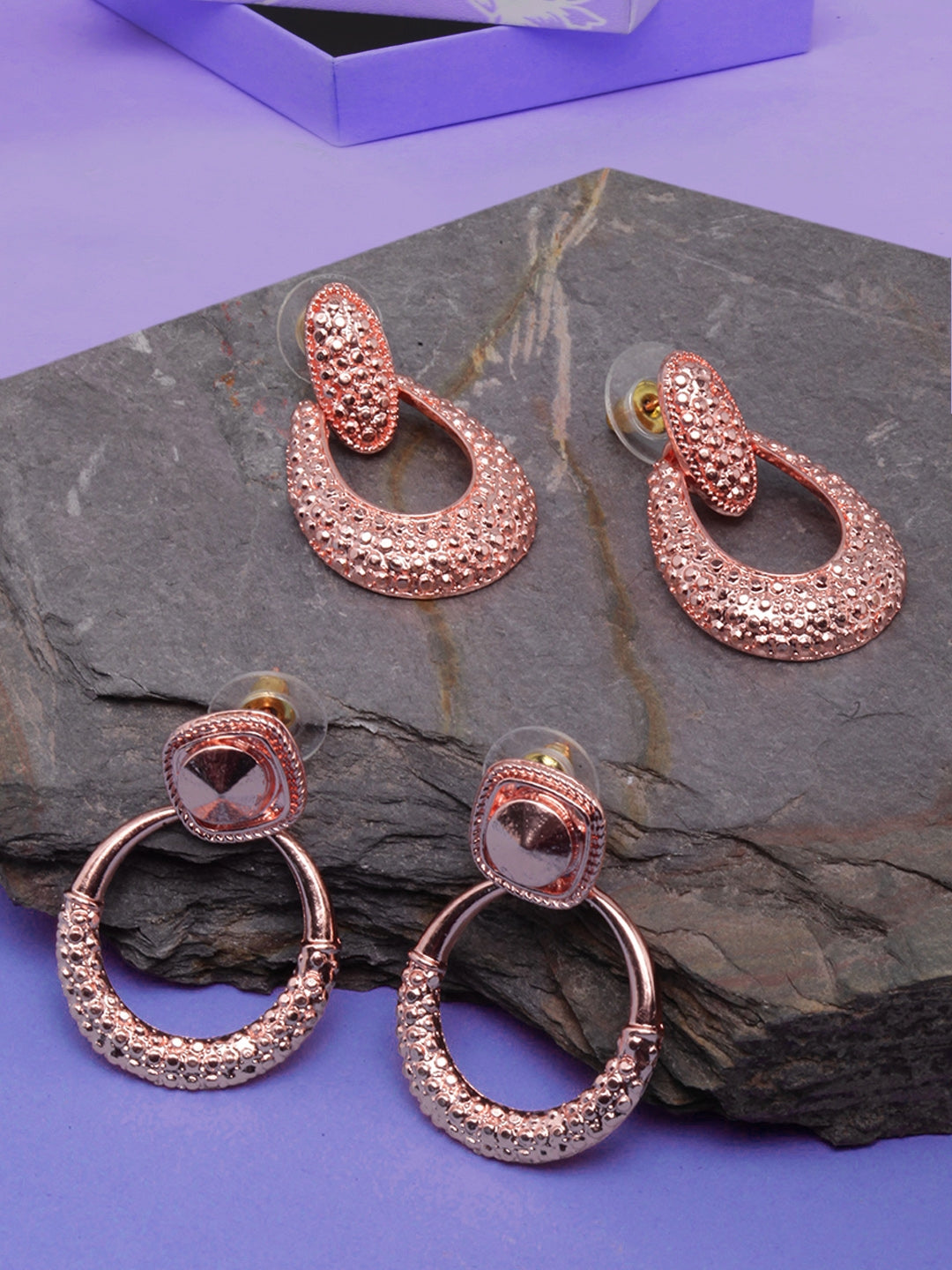 Set Of 2 Rose Gold-Plated Contemporary Drop Earrings