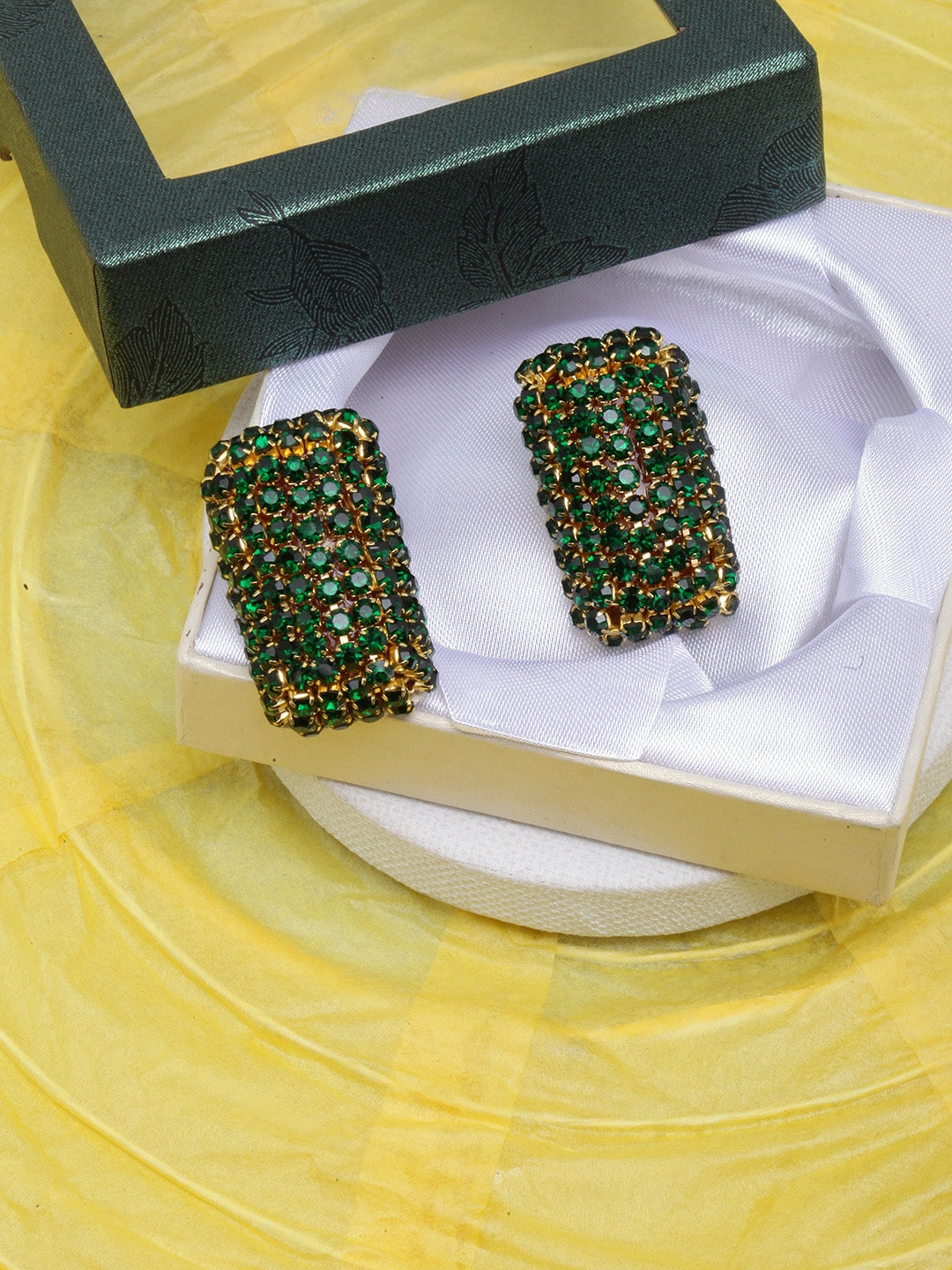 Gold-Plated Green Rhinestone Studded Earrings