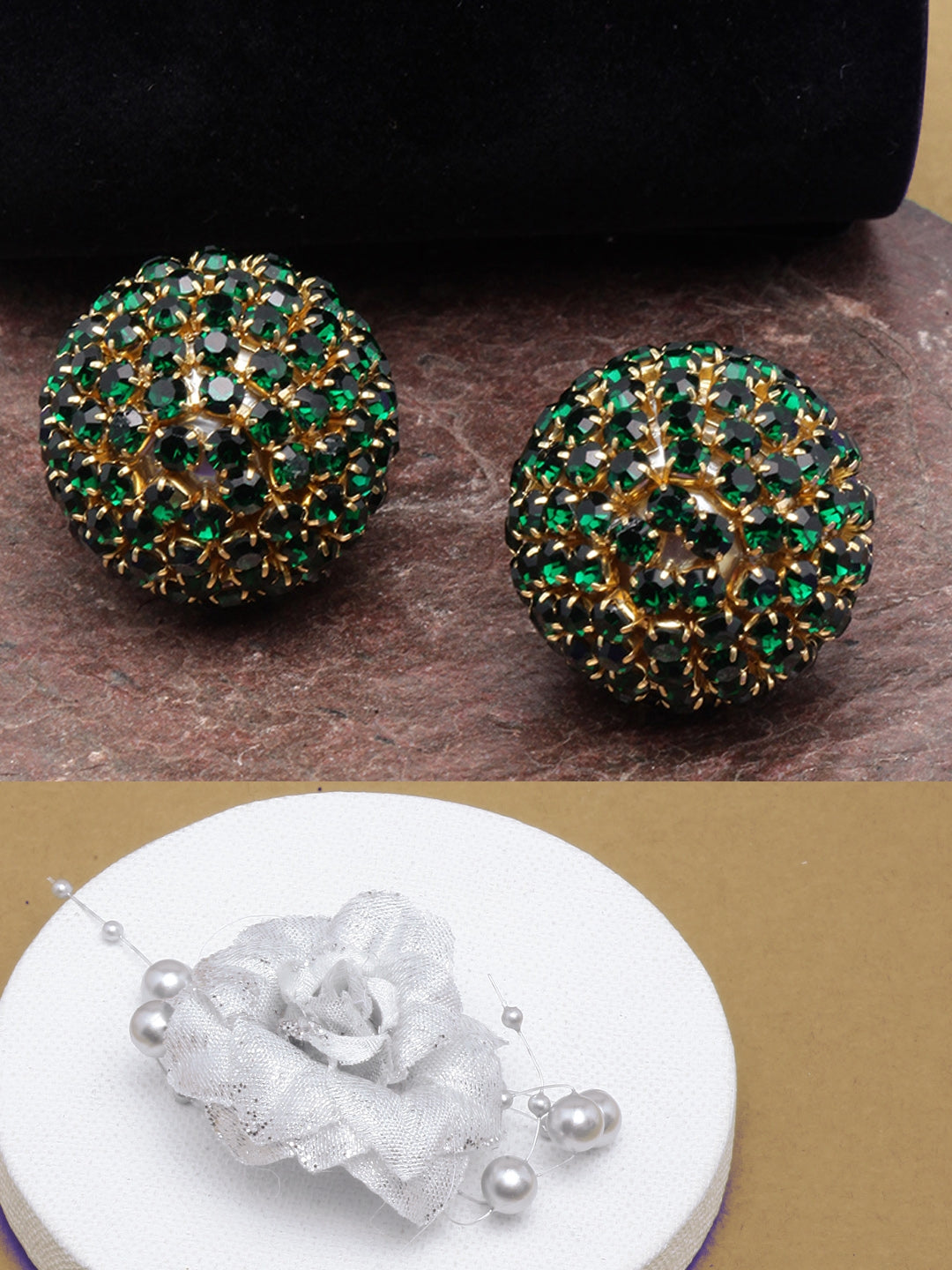 Gold-Plated Green Rhinestone Studded Circular Earrings
