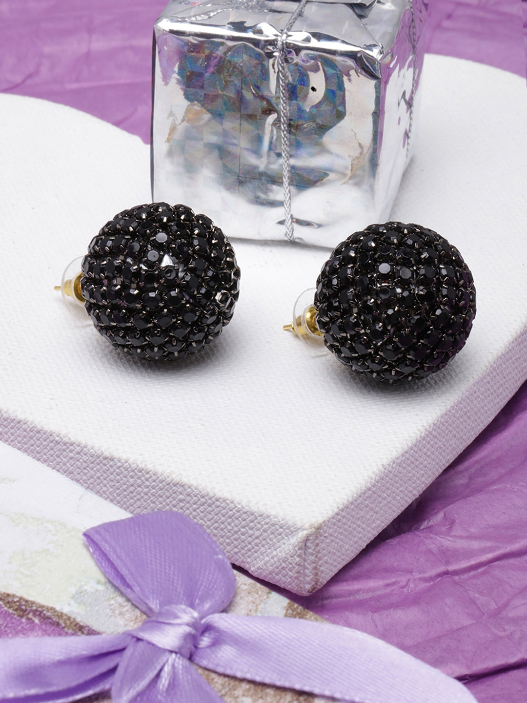 Black-Plated Black Rhinestone Studded Circular Earrings