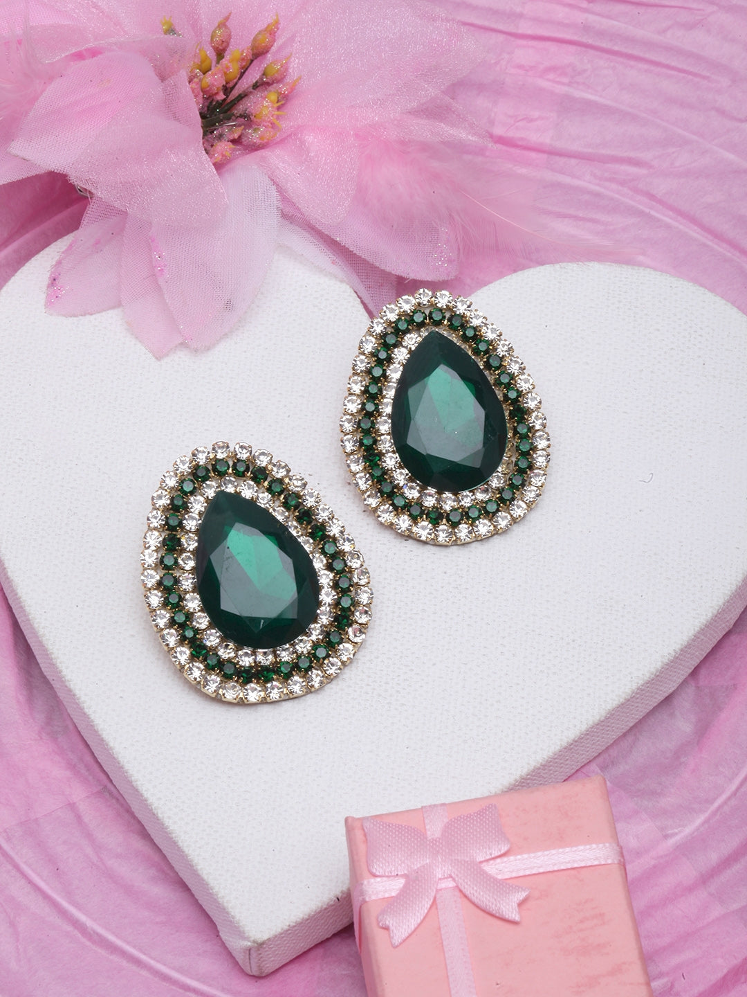 Gold-Plated Green & Transparent Rhinestone Studded Drop Shaped Studs