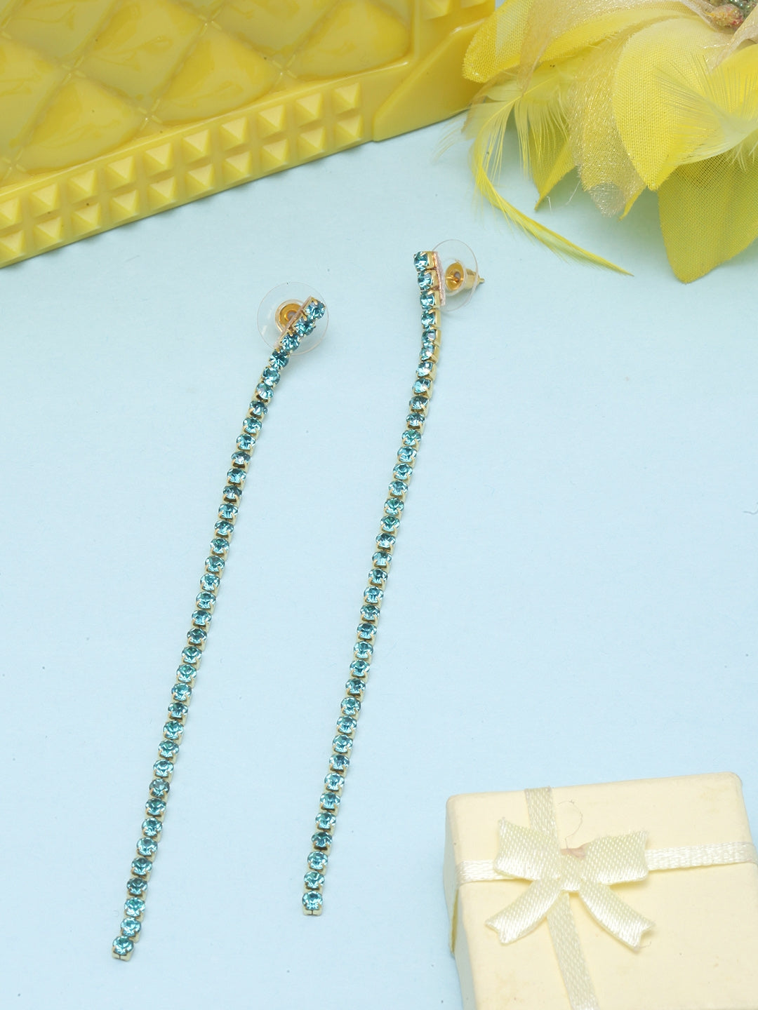 Gold-Plated Blue Rhinestone Studded Drop Earrings