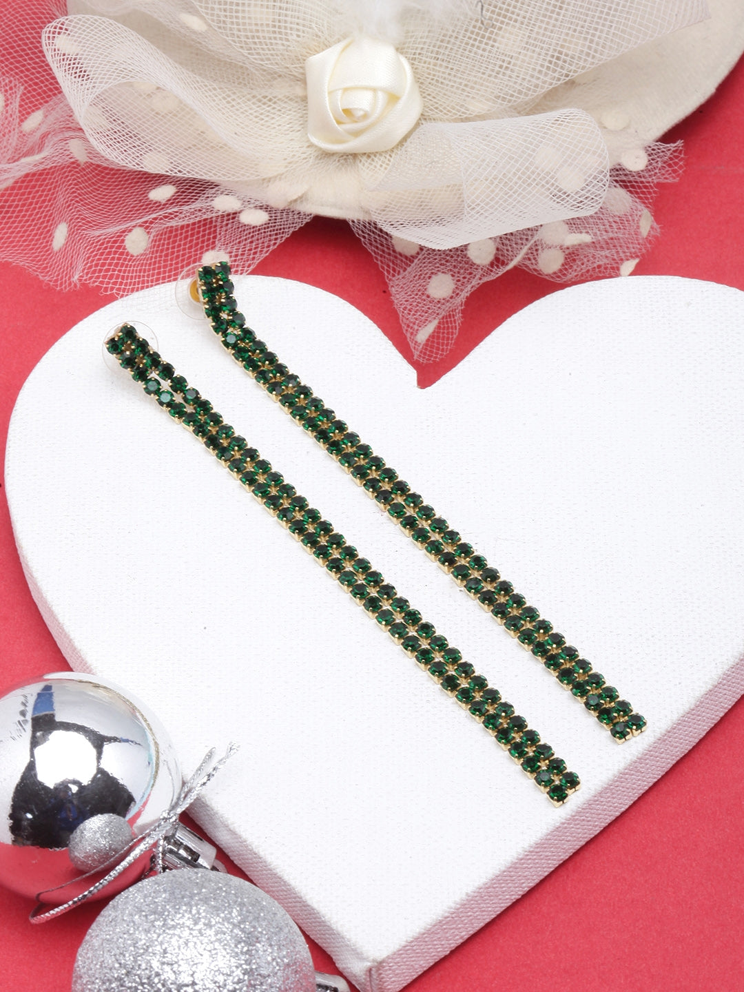 Gold-Plated Green Rhinestone Studded Drop Earrings