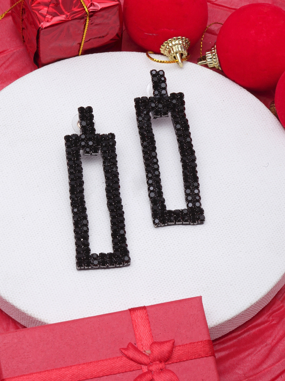 Black-Plated Rhinestone Studded Drop Earrings