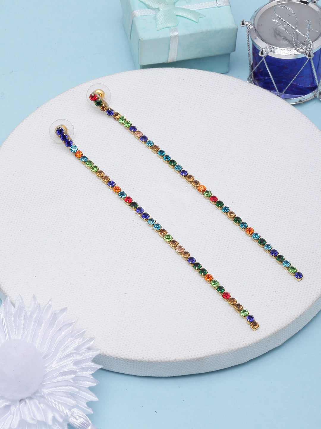 Gold-Plated Multi-Colored Rhinestone Studded Drop Earrings