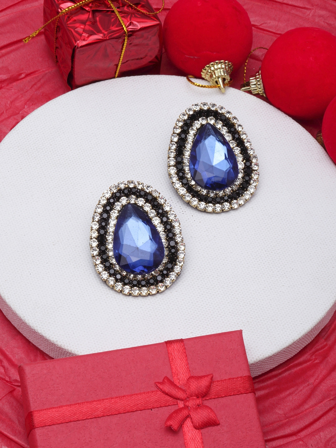 Gold-Plated Navy Blue & Black Rhinestone Studded Drop Shaped Studs