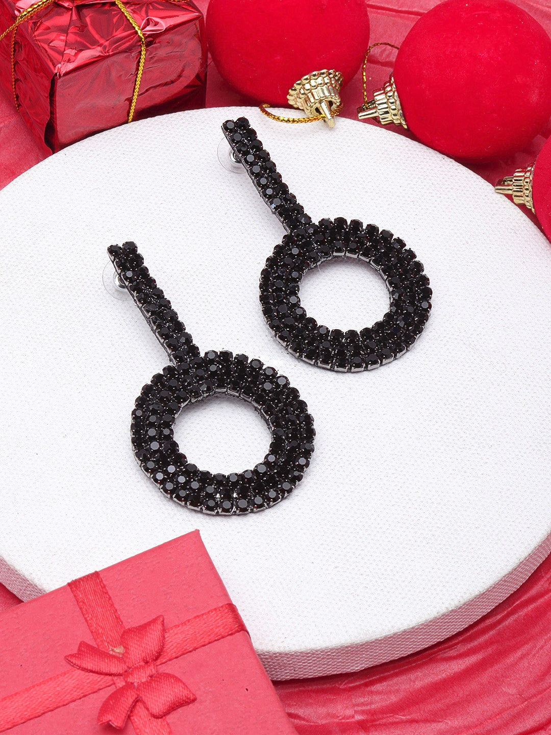 Black-Plated Rhinestone Studded Drop Earrings