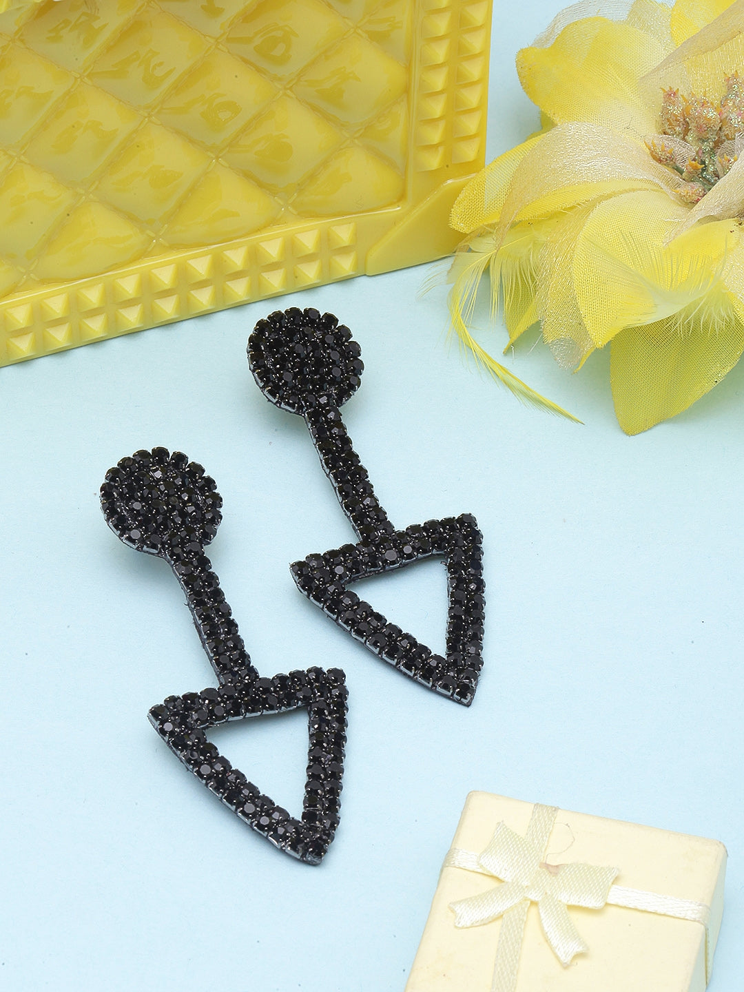 Black-Plated Rhinestone Studded Drop Earrings