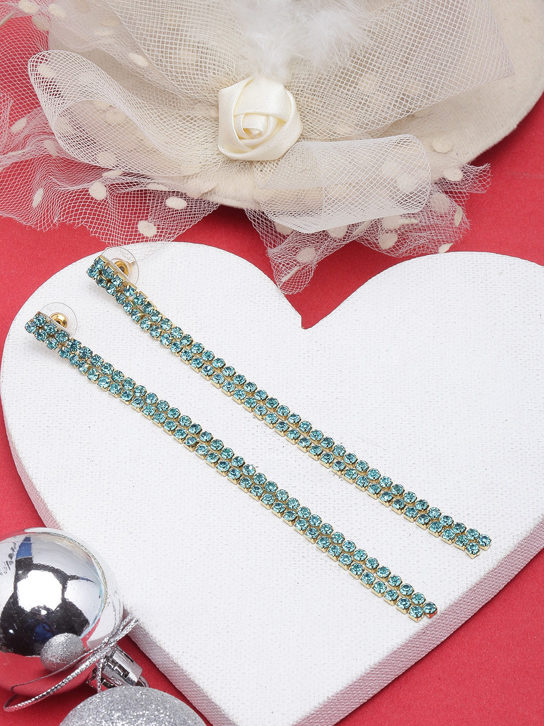 Gold-Plated Blue Rhinestone Studded Drop Earrings