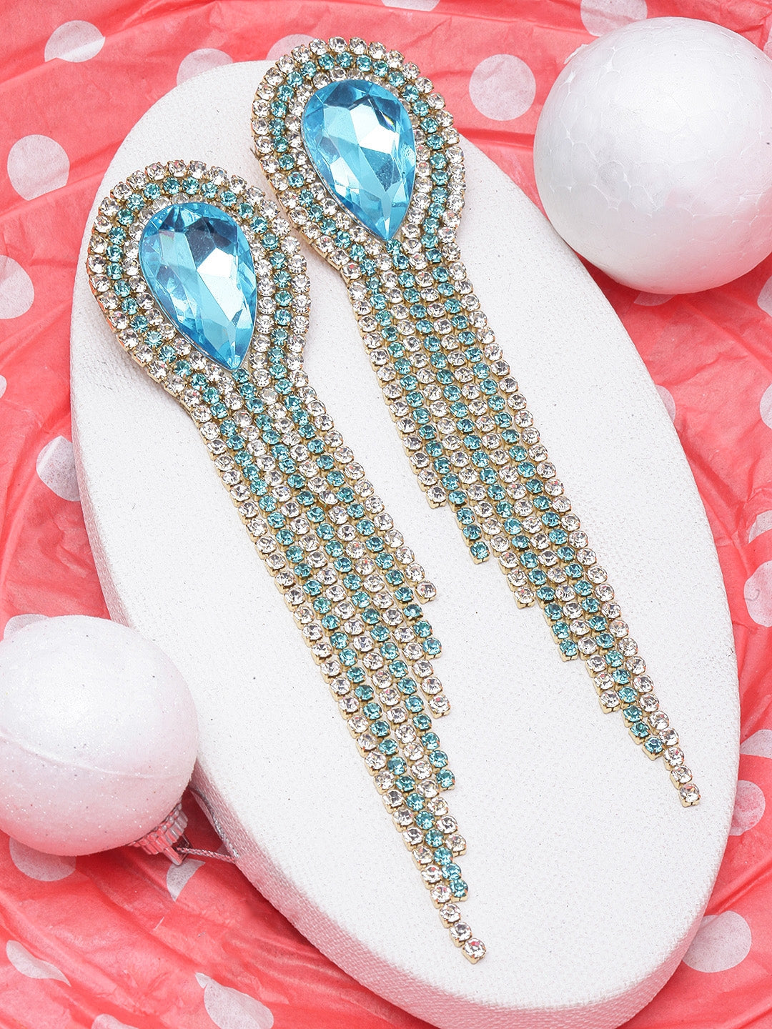 Gold-Plated Blue & Transparent Rhinestone Studded Drop Earrings