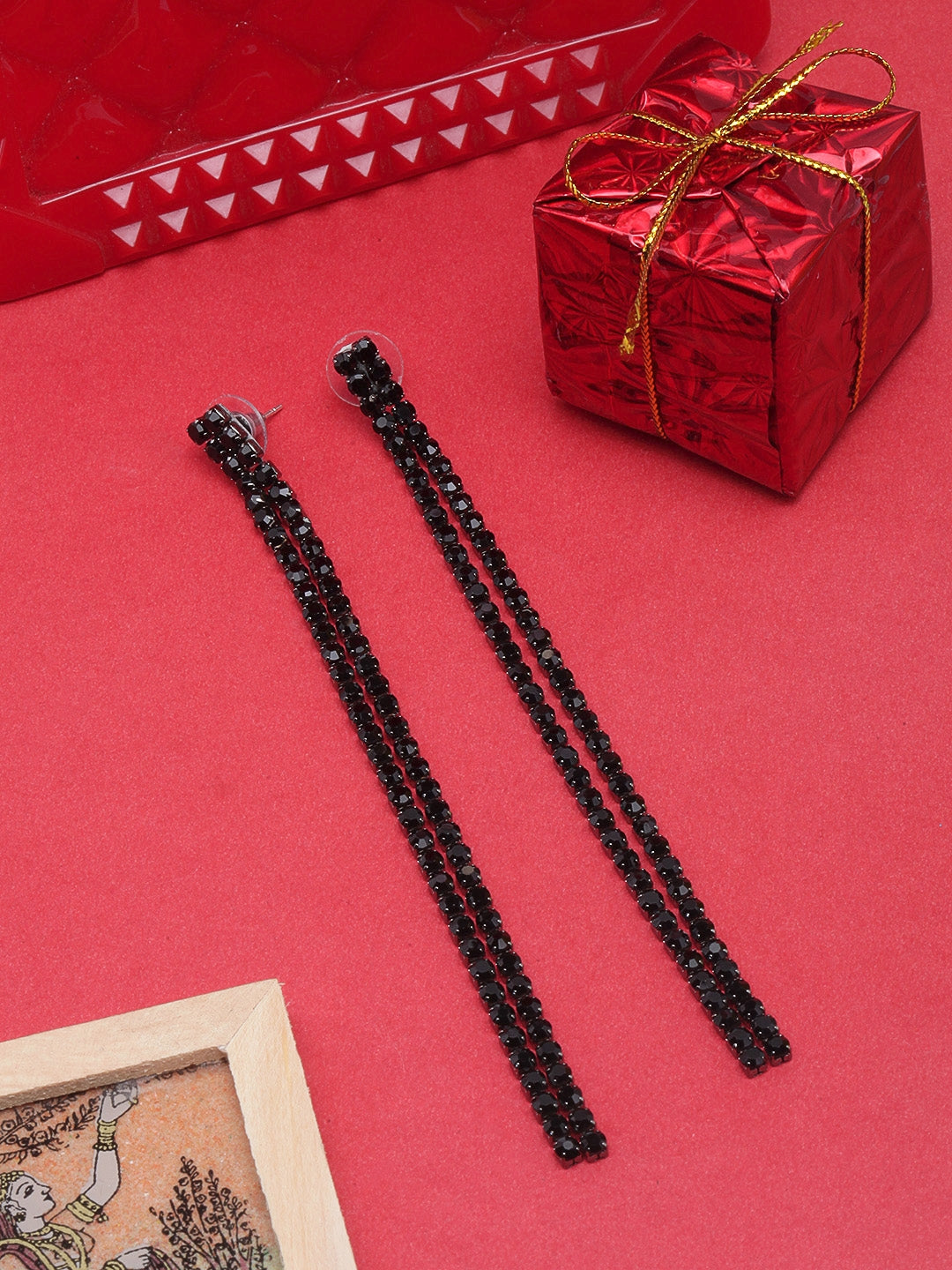 Black-Plated Rhinestone Studded Drop Earrings