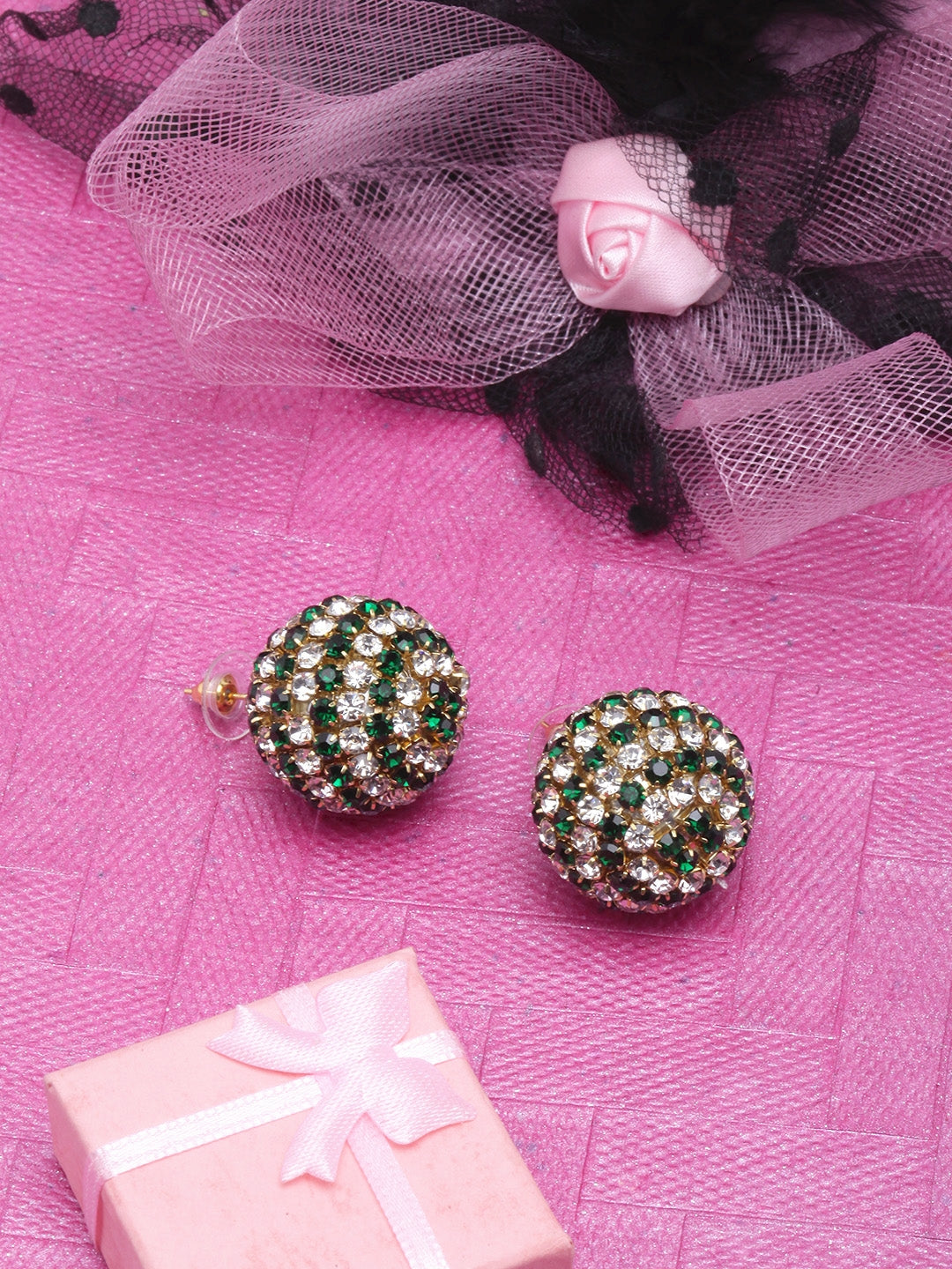 Gold-Plated Green & Transparent Circular Rhinestone Studs