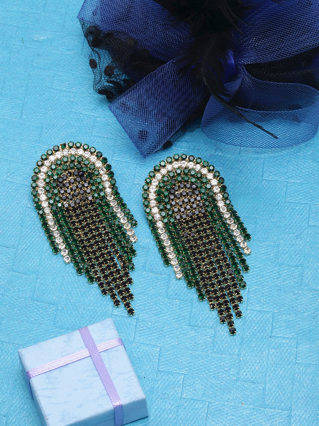 Gold-Plated Black & Green Rhinestone Studded Drop Earrings