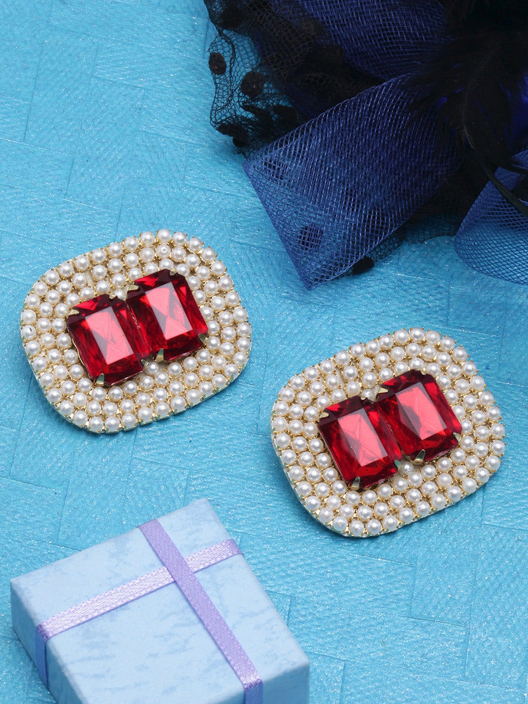 Gold-Plated Red & White Pearls & Rhinestone Studs