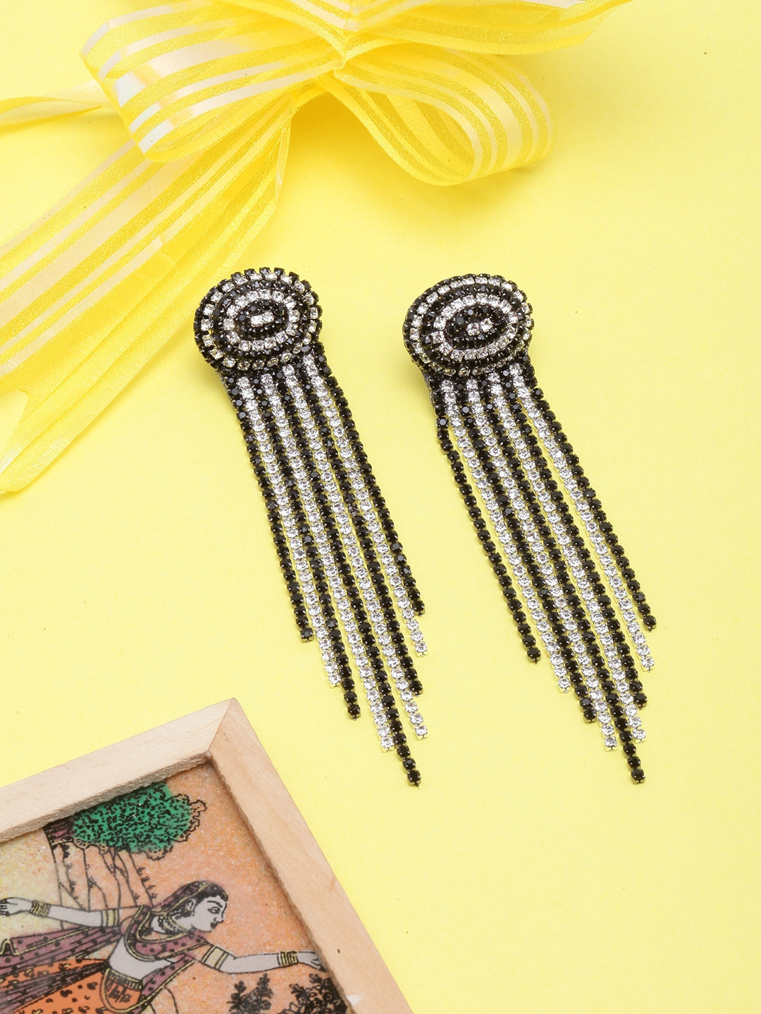 Silver-Plated Black & Transparent Rhinestone Studded Drop Earrings